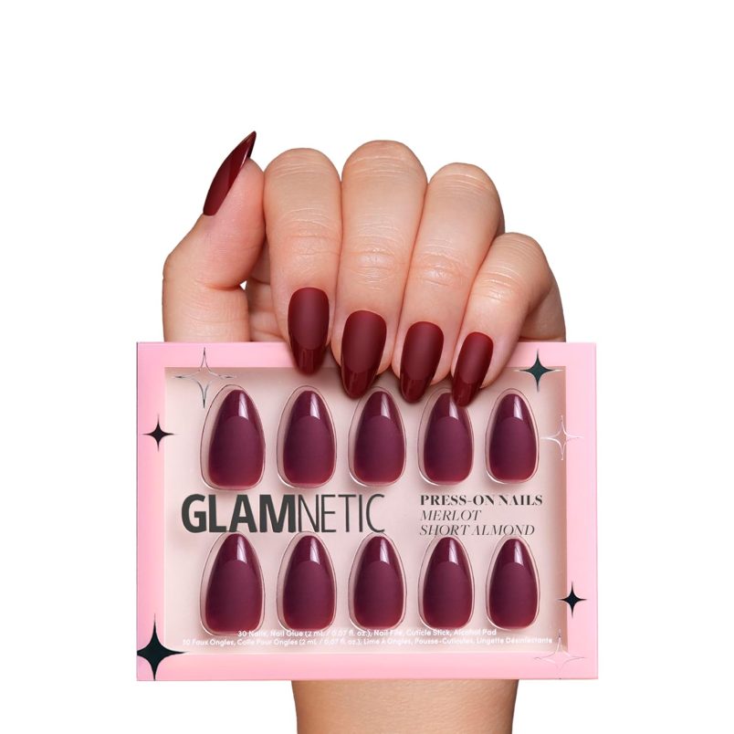 Glamnetic Press On Nails - Merlot | Short Almond Dark Red Nails with Glossy French Tips in a Matte Finish | 15 Sizes - 30 Nail Kit with Glue