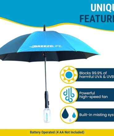 Sun Umbrella with Fan and Mister. A portable misting fan that blocks 99.9% of all UVA and UVB rays. Cooling for festival, beach and summer activities.
