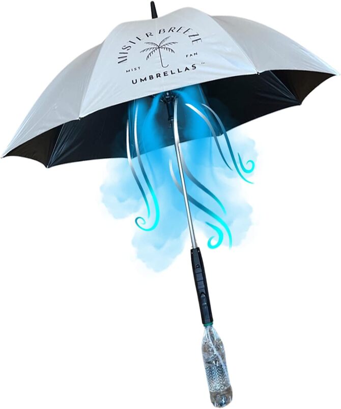 BREEZE LIFE Golf Umbrella with Fan and Mister. A portable misting fan that blocks 99.9% of all UVA and UVB rays. Personal sun protection and cooling at festivals, beach, and sporting events. Yellow