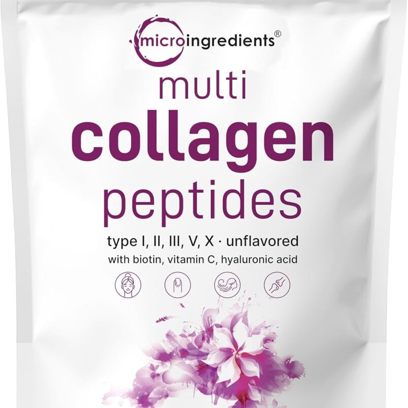 Multi Collagen Protein Powder, 2 Pounds – Type I,II,III,V,X with Biotin, Hyaluronic Acid, Vitamin C – Unflavored Collagen Peptides – Keto & Paleo Friendly, Easy Dissolve, Non-GMO